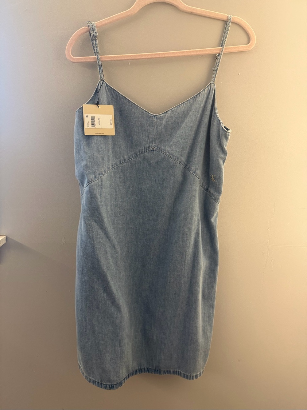 Calvin Klein Denim Dress with V-Neck and Thin Adjustable Straps